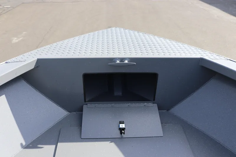 Slide: The Image of 2026 Alumaweld Stryker 202 boat interior with storage compartment and textured flooring. - 19