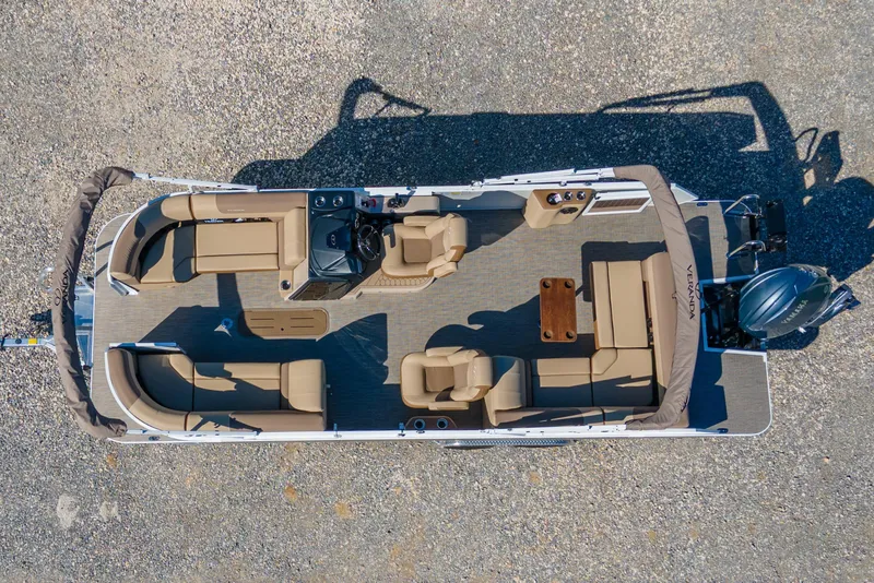 Slide: The Image of Top view of 2026 Veranda VR235L pontoon boat with beige seating and modern design. - 4