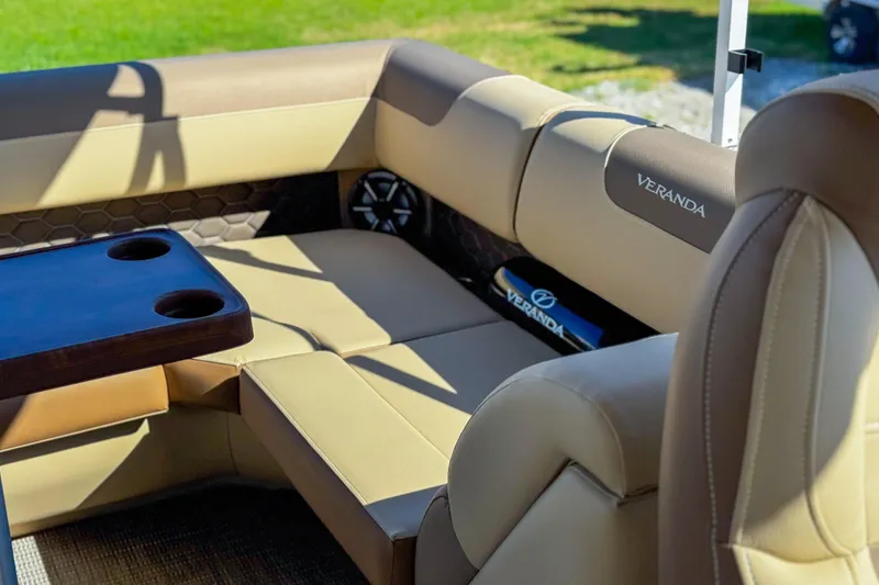 Slide: The Image of Luxurious seating on 2026 Veranda VR235L pontoon boat with cup holders and stylish design. - 8