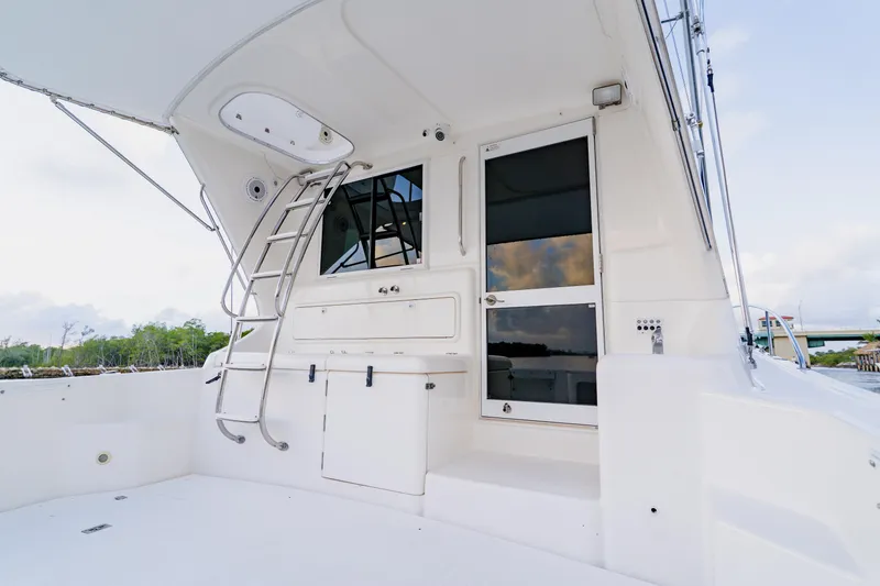 Slide: The Image of 2003 Wellcraft 400 Coastal yacht deck with ladder and door, docked near greenery. - 25