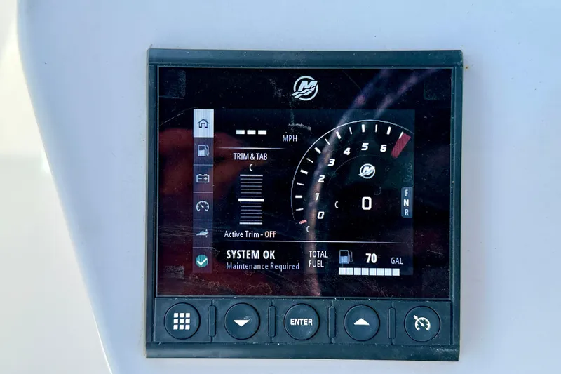 Slide: The Image of Digital display panel of 2023 Aquasport 2200 Dual Console showing system status and fuel level. - 18