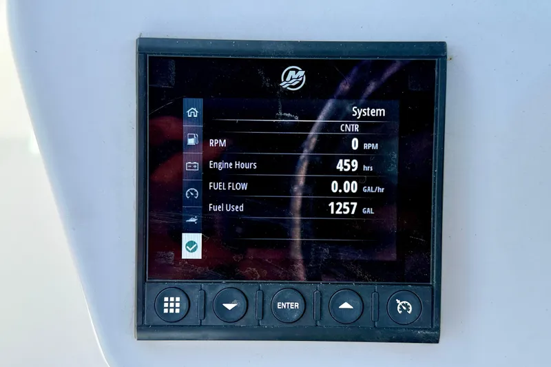 Slide: The Image of Display screen of 2023 Aquasport 2200 Dual Console showing engine metrics and fuel usage. - 19