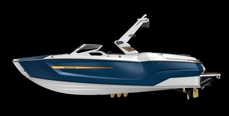 The Image of 2026 MasterCraft X24 boat, blue and white, side view. - 1