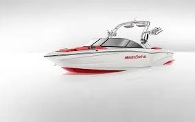 The Image of 2019 MasterCraft XT23 boat, white and red, side view. - 1