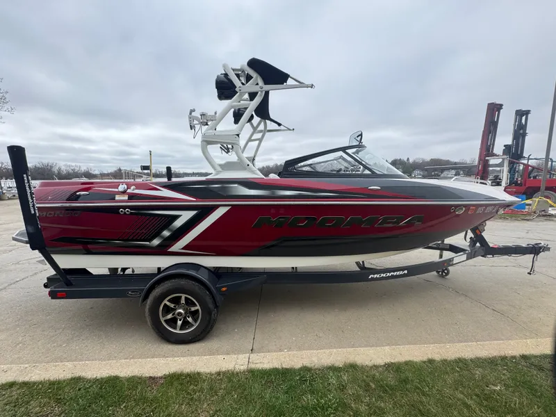 Slide: The Image of 2017 Moomba Mondo boat on trailer, side view. - 2