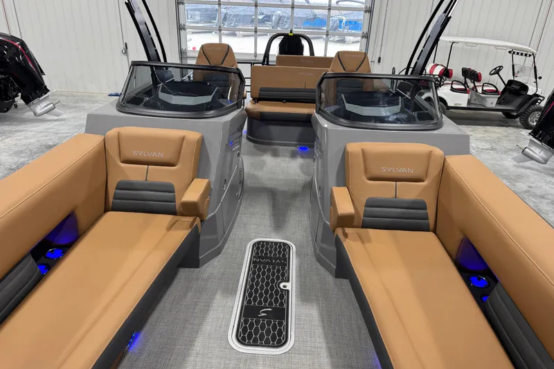 Slide: The Image of Luxurious 2026 Sylvan G5 boat interior with tan seating and modern design. - 6