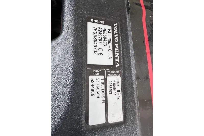 Slide: The Image of Volvo Penta engine label on 2014 Regal 27 FasDeck boat, displaying model and serial numbers. - 14