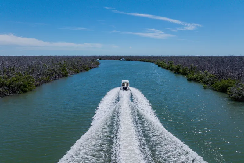 Slide: The Image of Boston Whaler 280 Vantage 2021 cruising through a scenic waterway under a clear blue sky. - 19