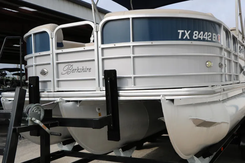 Slide: The Image of 2017 Berkshire 22 E CTS pontoon boat on trailer, side view with registration number. - 7