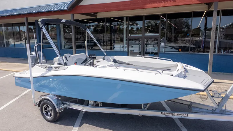 Slide: The Image of 2026 Starcraft SV 18 OB boat on trailer outside a store. - 3