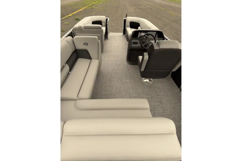 Slide: The Image of 2026 Sun Tracker Party Barge 20 DLX interior with plush seating and modern helm. - 8