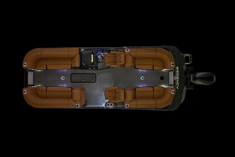 Slide: The Image of Top view of 2026 Regency 230 DL pontoon boat with brown seating and sleek design. - 13