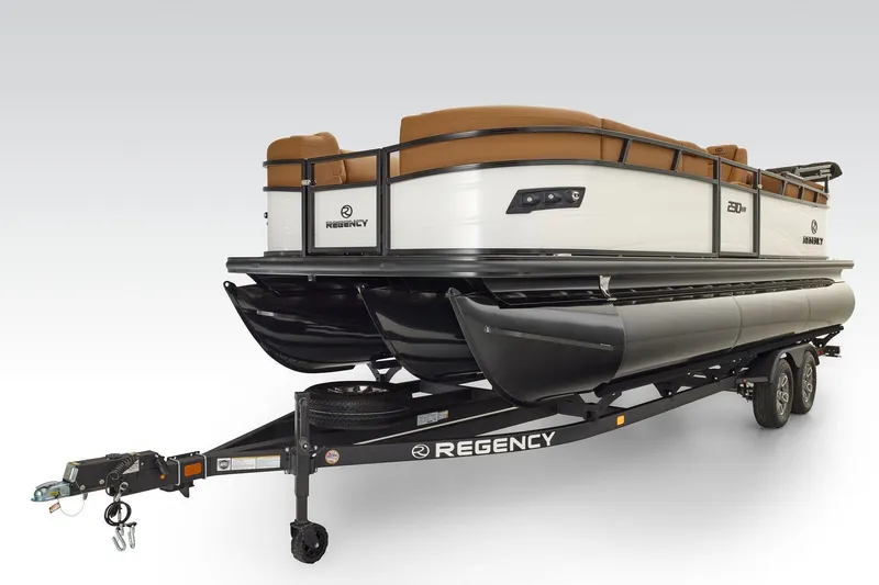Slide: The Image of 2026 Regency 230 DL pontoon boat on trailer, featuring sleek design and modern amenities. - 15