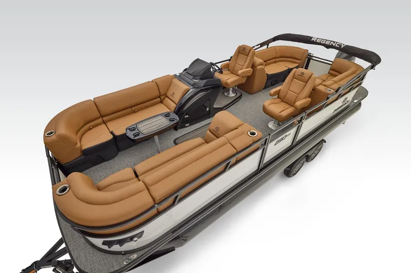 Slide: The Image of 2026 Regency 230 DL pontoon boat with luxurious tan seating and modern design. - 17