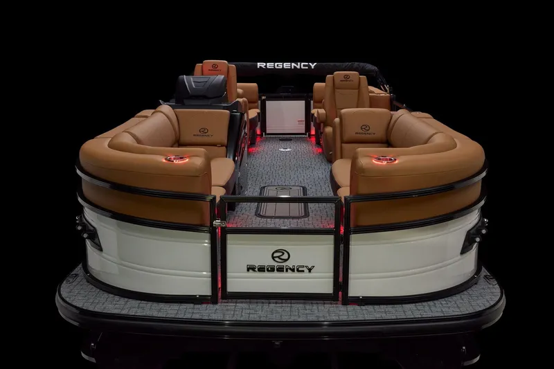 Slide: The Image of 2026 Regency 230 DL pontoon boat with luxurious seating and ambient lighting. - 18