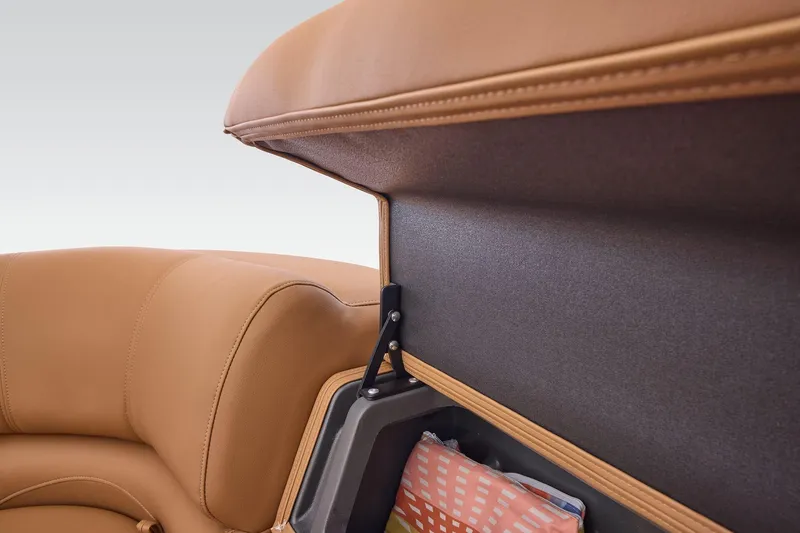 Slide: The Image of Luxurious tan leather seating with storage compartment in 2026 Regency 230 DL. - 22