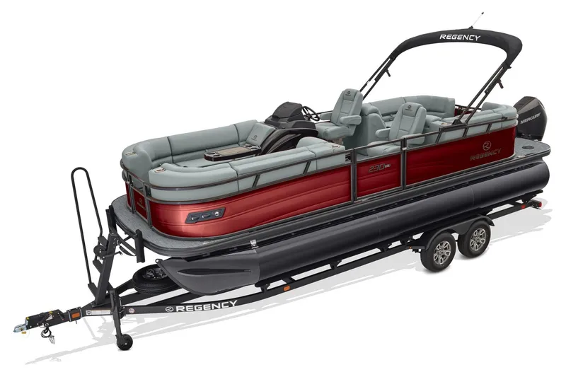 Slide: The Image of 2026 Regency 230 DL pontoon boat on trailer, featuring sleek design and comfortable seating. - 51
