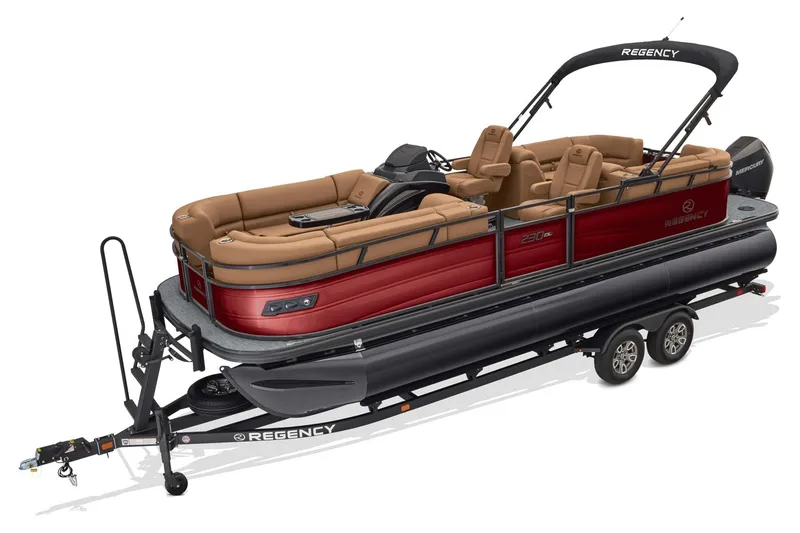 Slide: The Image of 2026 Regency 230 DL pontoon boat on trailer, featuring luxurious seating and sleek design. - 52