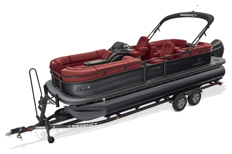 Slide: The Image of 2026 Regency 230 DL pontoon boat with red seating on a trailer. - 56