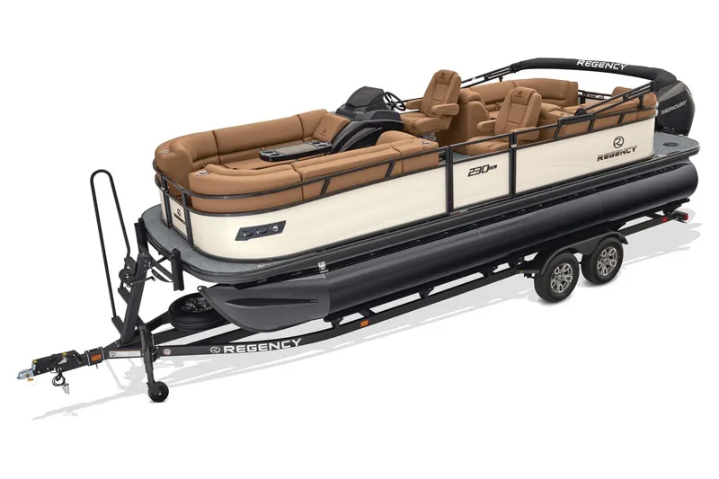 Slide: The Image of 2026 Regency 230 DL pontoon boat on trailer, featuring luxurious seating and sleek design. - 7