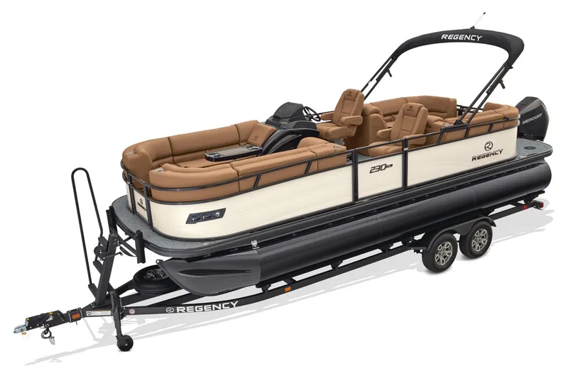 Slide: The Image of 2026 Regency 230 DL pontoon boat on trailer, featuring luxurious seating and sleek design. - 8