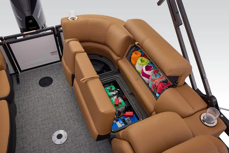 Slide: The Image of 2026 Regency 230 DL boat interior with storage compartments and seating. - 35