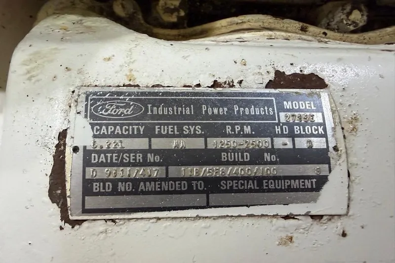 Slide: The Image of Ford Industrial Power Products engine plate on 1979 Grand Banks 42 Europa. - 63