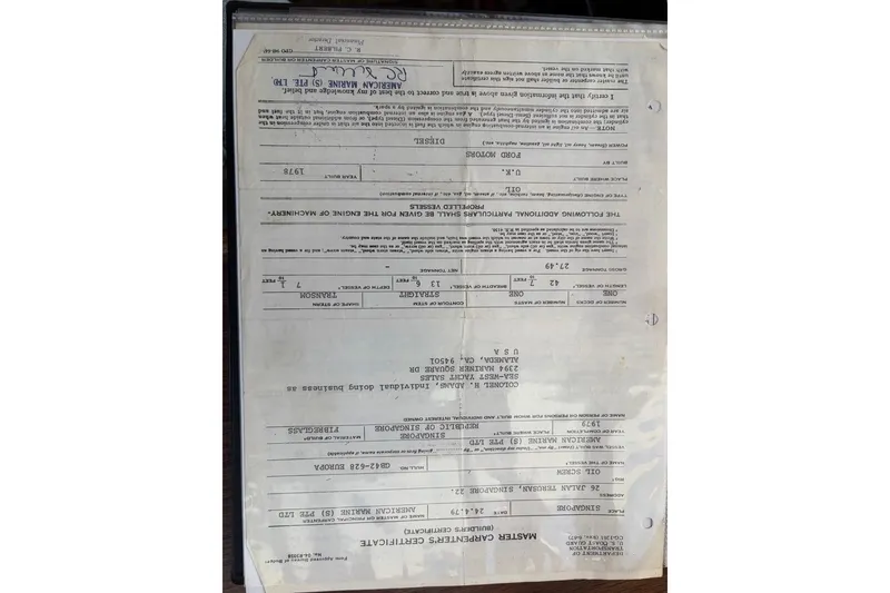 Slide: The Image of Master Carpenter's Certificate for 1979 Grand Banks 42 Europa, detailing specifications and ownership. - 65