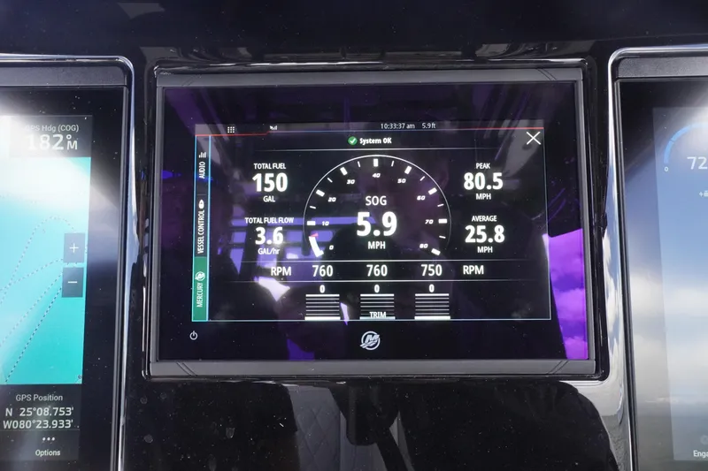 Slide: The Image of Dashboard of 2023 Fountain 38 Tournament Edition showing speed, fuel, and RPM data. - 51