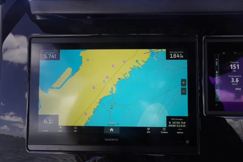 Slide: The Image of Garmin navigation display on 2023 Fountain 38 Tournament Edition boat, showing map and speed data. - 52