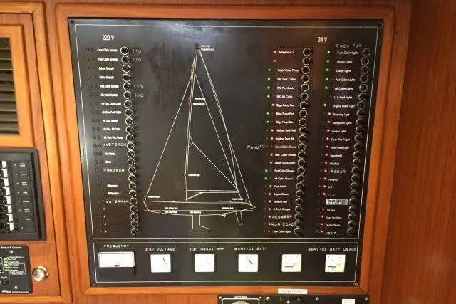 Slide: The Image of Electrical control panel on a 1997 Gorbon Custom 66 yacht, featuring detailed circuit layout. - 135