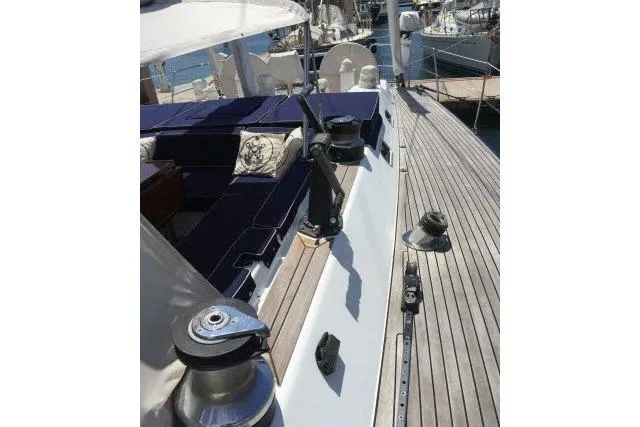 Slide: The Image of Deck view of 1997 Gorbon Custom 66 yacht with seating and winches. - 209