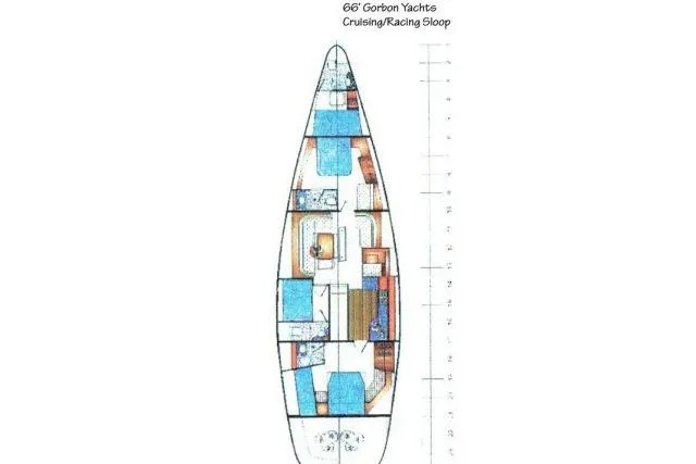 Slide: The Image of Floor plan of 1997 Gorbon Custom 66 yacht, showcasing interior layout and design. - 240