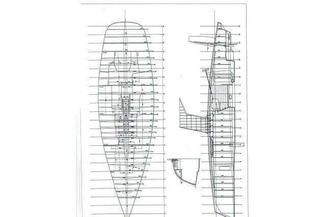 Slide: The Image of Blueprint of 1997 Gorbon Custom 66 yacht, showcasing detailed structural design and layout. - 241