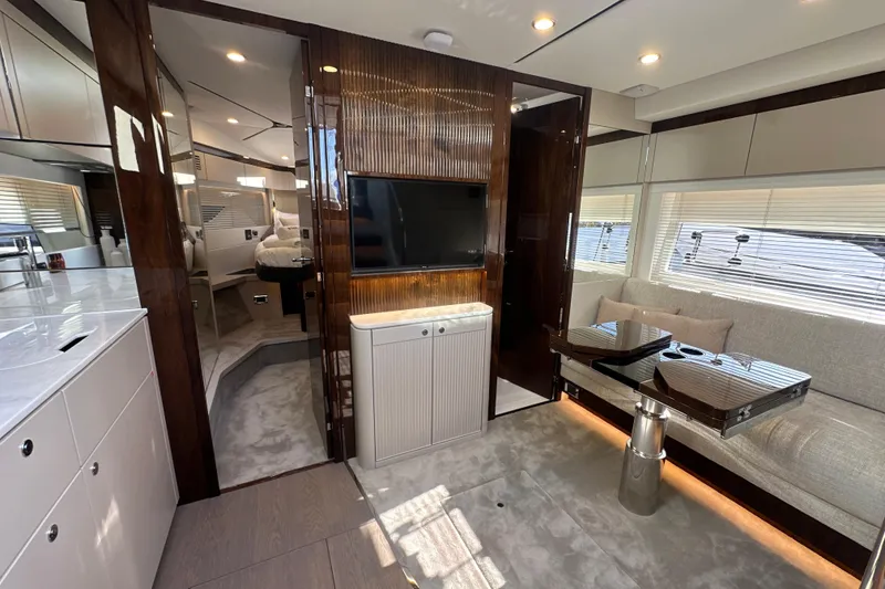 Slide: The Image of Luxurious interior of 2026 Fairline Targa 47 GT yacht with modern furnishings and sleek design. - 44