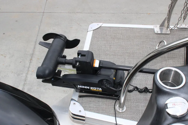 Slide: The Image of Minn Kota Terrova trolling motor on 2022 Baretta Cabrio C22CC boat deck. - 19
