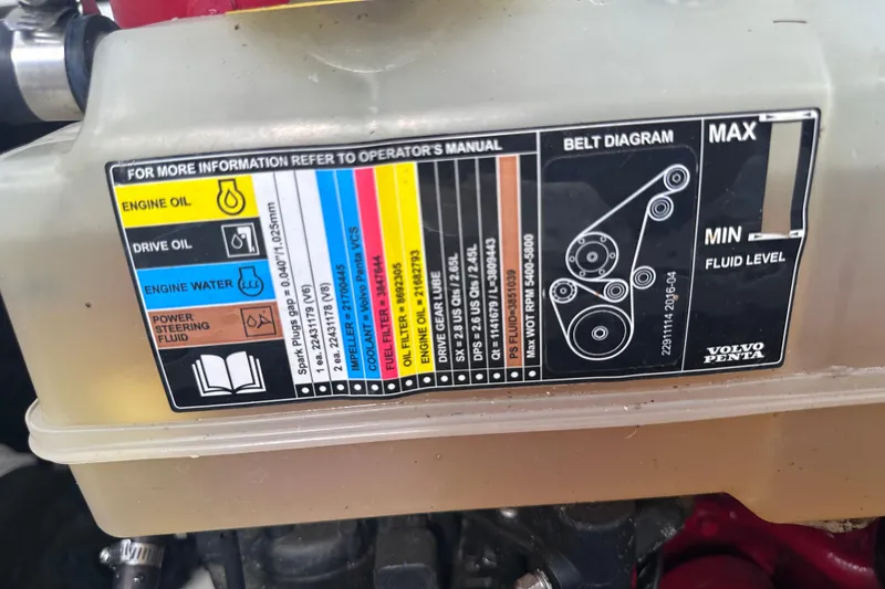 Slide: The Image of Engine fluid reservoir with maintenance chart and belt diagram for 2018 Regal 22 FasDeck. - 39