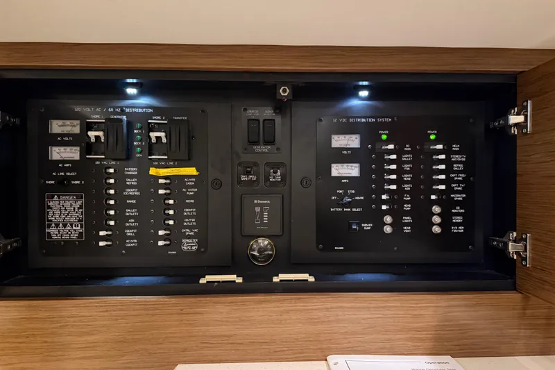 Slide: The Image of Electrical control panel inside 2015 Cruisers Yachts 390 Express Coupe, featuring various switches and indicators. - 33