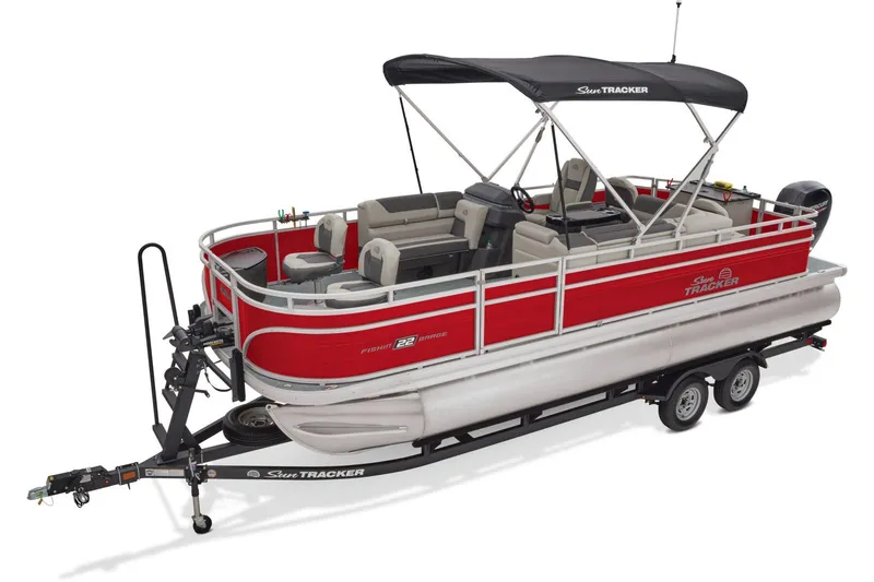 Slide: The Image of Manufacturer Provided Image: 2026 Sun Tracker Fishin' Barge 22 DLX pontoon boat with red exterior and trailer. - 30