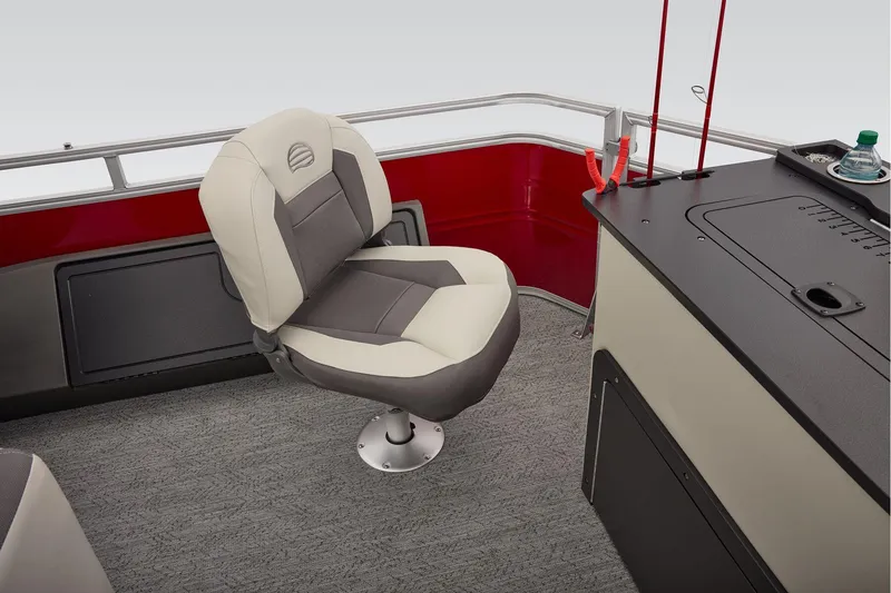 Slide: The Image of Manufacturer Provided Image: 2026 Sun Tracker Fishin' Barge 22 DLX interior with swivel seat and fishing rod holders. - 81