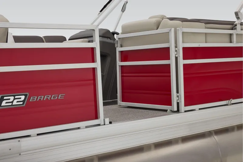 Slide: The Image of Manufacturer Provided Image: 2026 Sun Tracker Fishin' Barge 22 DLX, red exterior, comfortable seating, pontoon boat. - 88