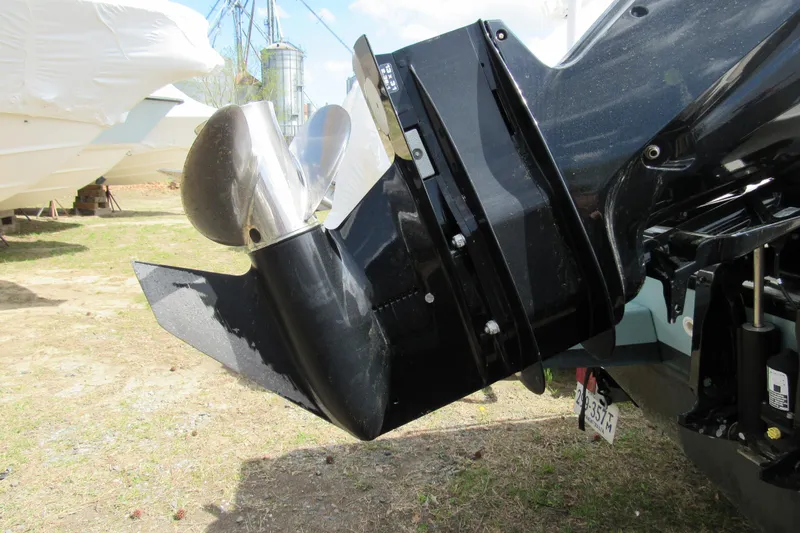 Slide: The Image of Close-up of a 2023 Boston Whaler 170 Montauk boat motor and propeller. - 13