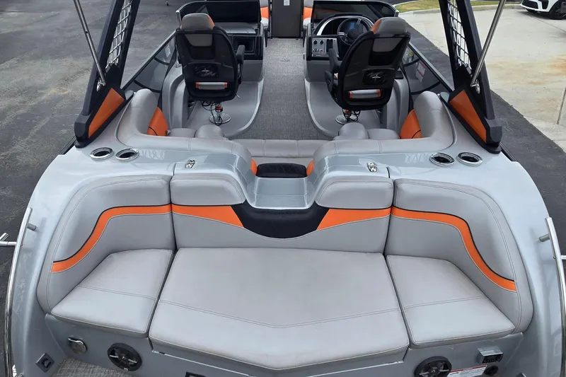 Slide: The Image of 2021 Berkshire 25 Sport CL DC 3.0+ pontoon boat interior with gray and orange seating. - 15