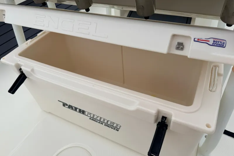 Slide: The Image of Pathfinder 2200 TRS 2026 boat cooler with Engel branding and built-in bottle opener. - 27