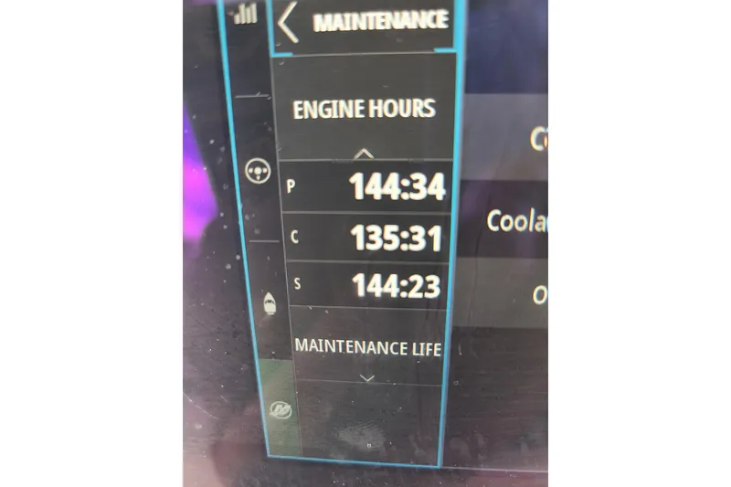 Slide: The Image of Display screen showing engine hours for a 2022 Sea Fox 368 Commander boat. - 22