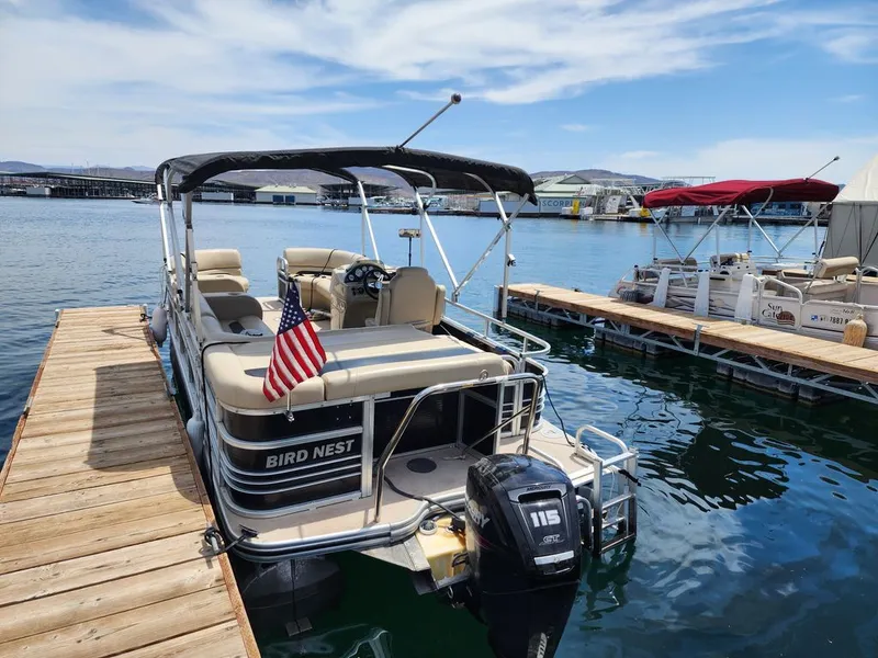 Slide: The Image of 2015 Lowe SS210 pontoon boat docked with American flag. - 4