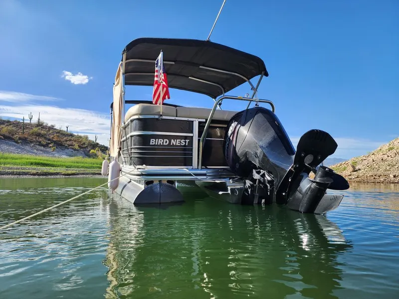 Slide: The Image of 2015 Lowe SS210 pontoon boat on a lake with US flag. - 5