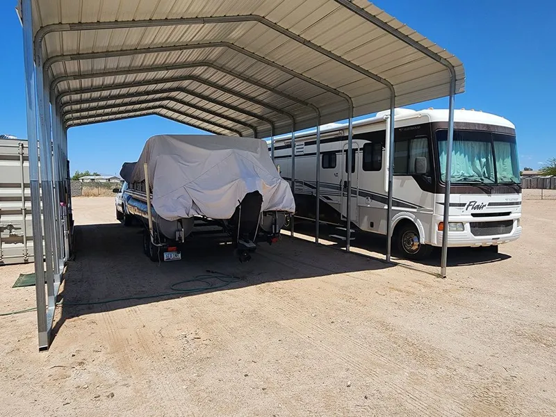 Slide: The Image of RV and covered boat under metal canopy. - 7