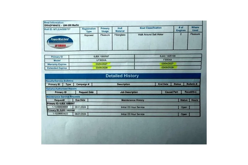 Slide: The Image of 2007 Grady-White Marlin 300 boat information sheet with warranty details and service history. - 45