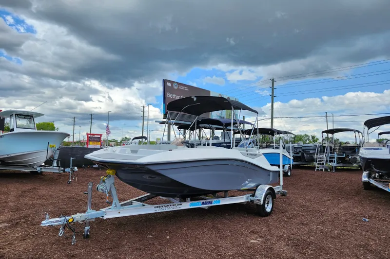 Slide: The Image of 2026 Starcraft SV 16 OB boat on trailer under cloudy sky at dealership. - 3